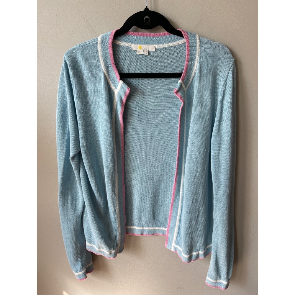 Boden Blue 100% Linen Open Front Cardigan Pink White Trim boho aesthetic peppy